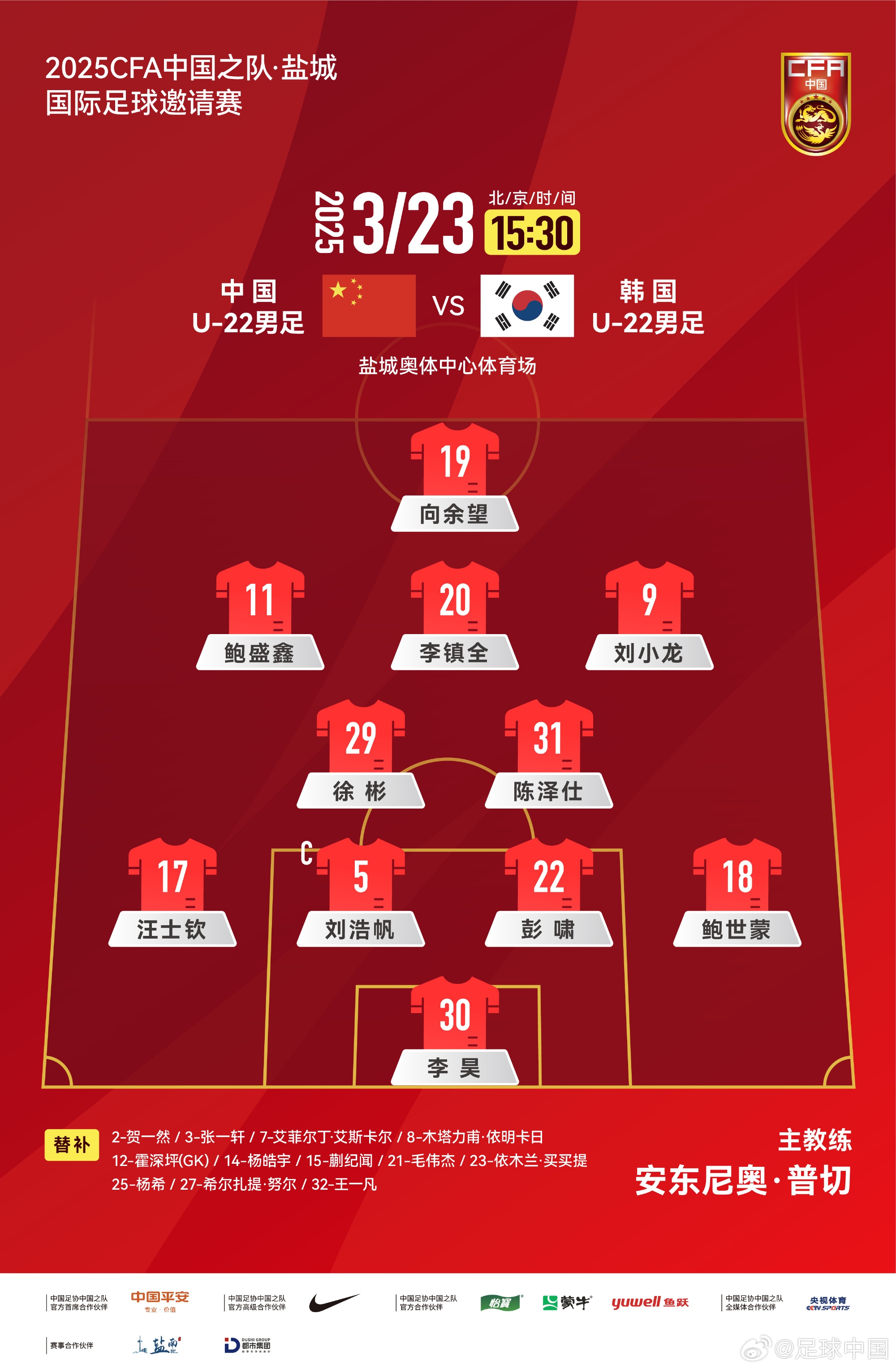 鹽城四國(guó)賽，中國(guó)U-22男足對(duì)陣韓國(guó)U-22男足，中國(guó)隊(duì)首發(fā)陣容