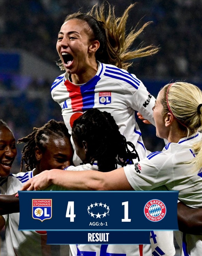 里昂女足4-1大勝拜仁女足，總比分6-1晉級女足歐冠半決賽