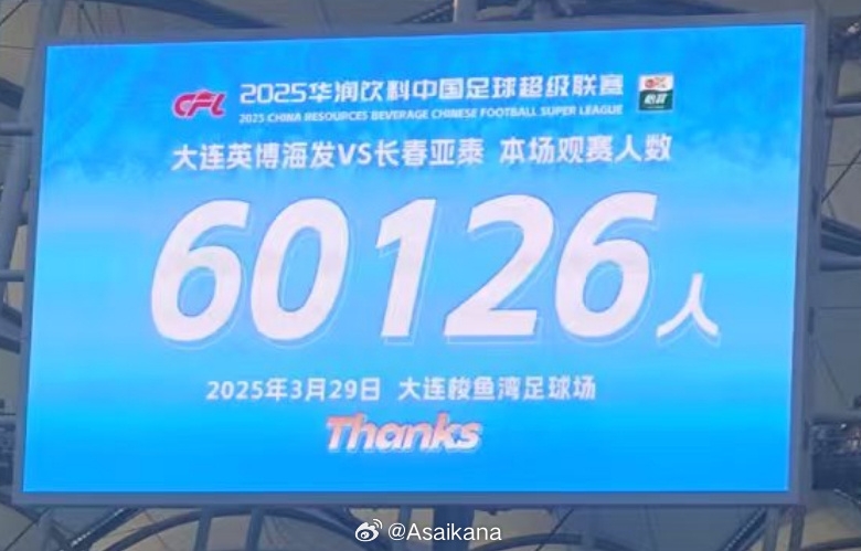 大連英博和長春亞泰吸引60126名觀眾現(xiàn)場觀戰(zhàn)，中超歷史排名第二